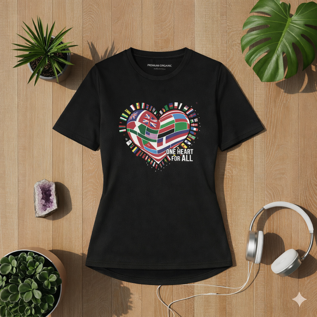 Schwarzes Premium Organic Damen T-Shirt mit Herz aus internationalen Flaggen und Schriftzug One Heart For All als Flatlay auf hellem Holz Hintergrund mit Pflanzen und Kopfhörern im Bright Lights Arts Stil