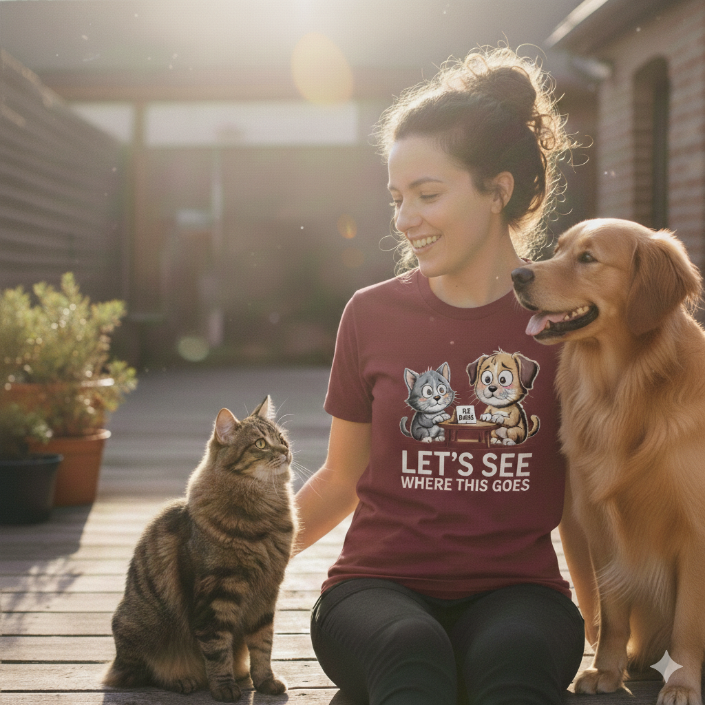 Frau in weinrotem Organic Shirt mit Hund & Katze Print sitzt lachend neben Golden Retriever in warmer Abendsonne