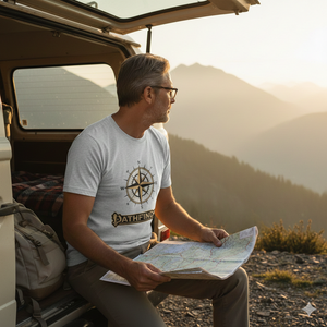 Graues Premium T-Shirt mit goldener Kompassrose und Pathfinder Schriftzug von Bright Light Arts