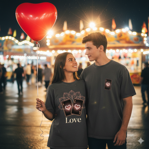Paar auf Jahrmarkt mit Herzluftballon, Frau trägt weinrotes Luxury Heart Shirt, romantischer Lifestyle Vibe.