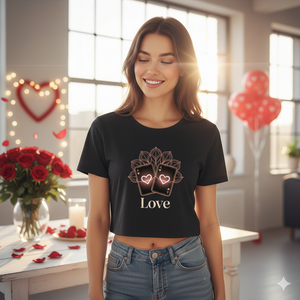 Frau im Perfect Match Luxury Heart Cropped Tee, blickt glücklich in die Kamera, helles Sonnenlicht, Valentinstags-Stimmung.