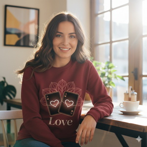 Frau im weinroten Organic Sweatshirt mit Herz-Karten-Print, warmes Sonnenlicht, gemütlicher Valentinstag-Vibe.