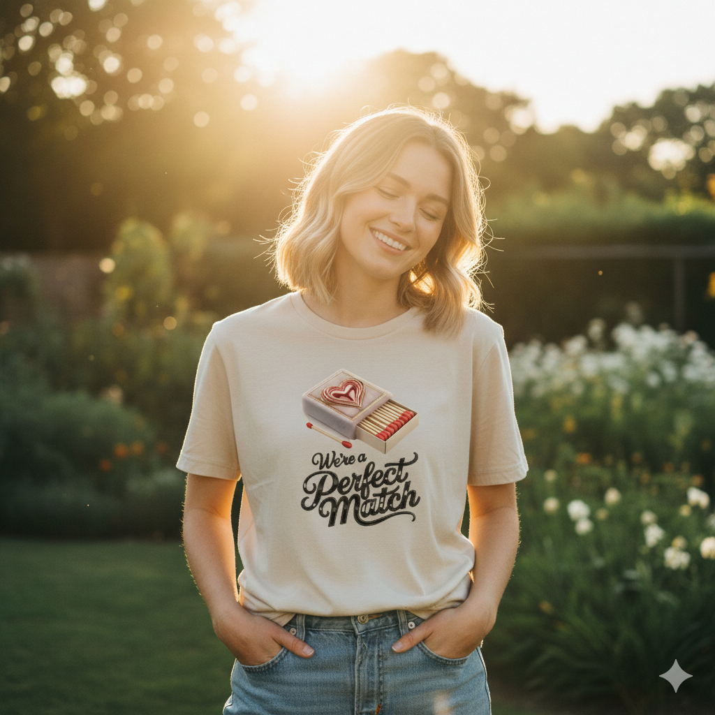 Frau in beigem Organic Cotton Shirt, Matchbox-Design, warmes Sonnenlicht, High-End Lifestyle-Fotografie, weiches Bokeh