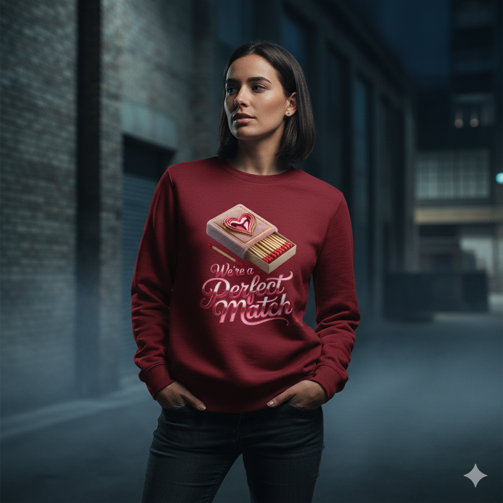 Person trägt bordeauxrotes Organic Sweatshirt, Matchbox-Design, herbstliches Licht, authentische Stofffalten.