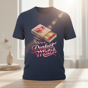 Perfect Match T-Shirt flach liegend auf hellem Holz, umgeben von Wildblumen im warmen Sonnenlicht.