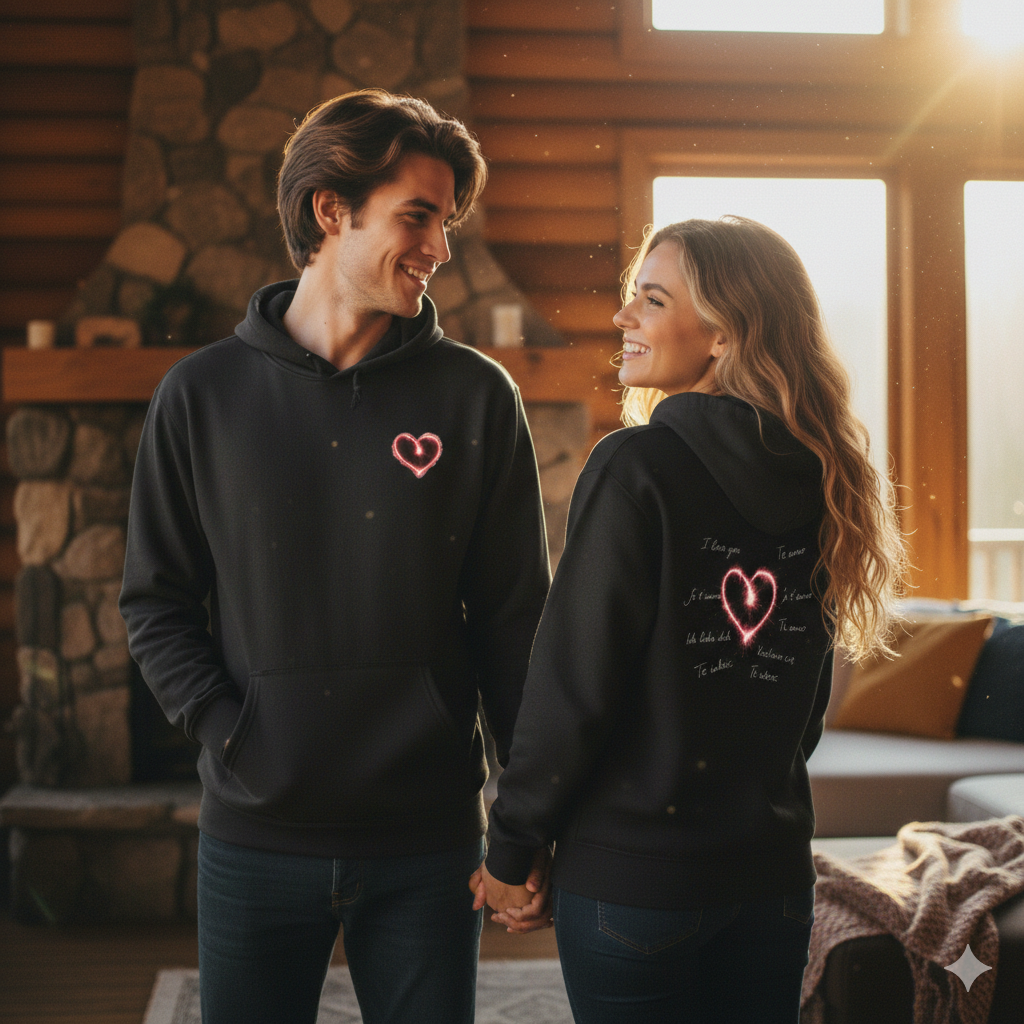 Paar in schwarzen Herz-Hoodies in Sonnenlicht-Hütte, Vorder- & Rückansicht, romantischer Vibe, 35mm Look.