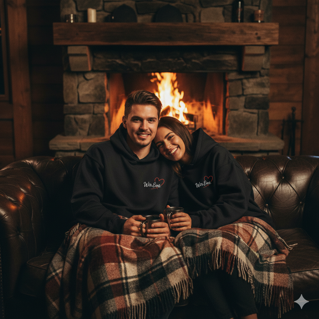 Paar in cremeweißen Hoodies mit Wir Eins Print, Vorder- und Rückseite sichtbar, helles Licht, emotionaler Vibe.