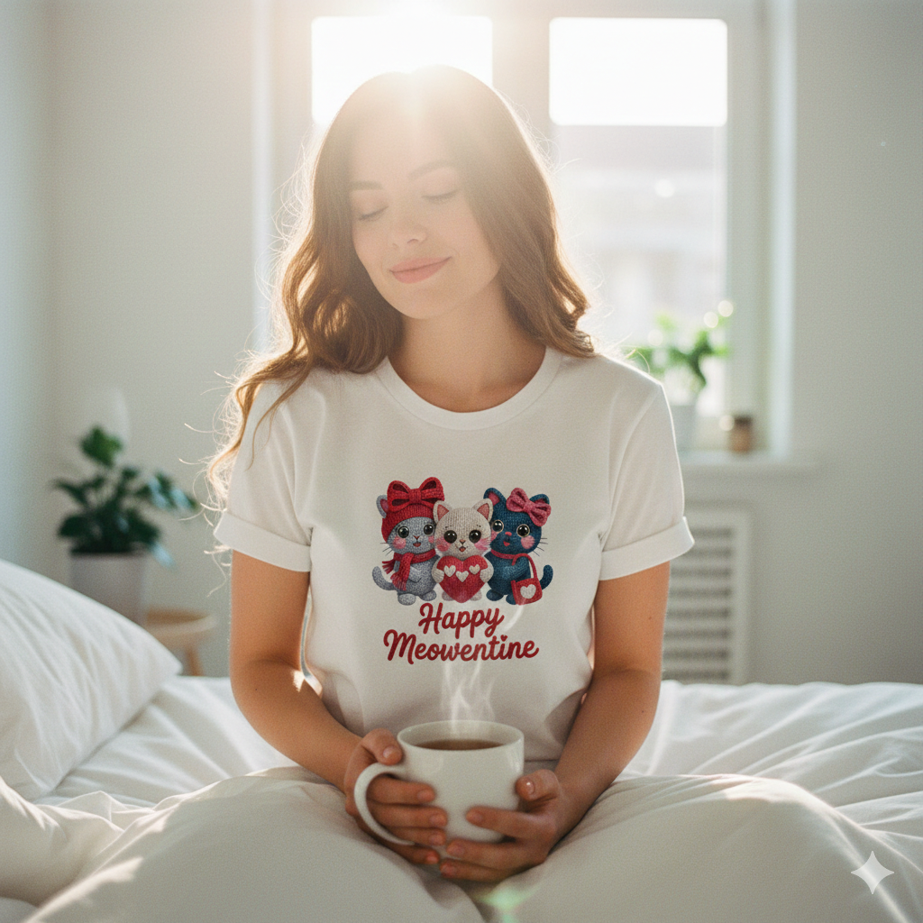 Frau in Premium Organic Baumwoll-Shirt mit Happy Meowentine Katzen-Motiv, lachend im hellen Tageslicht, authentisch