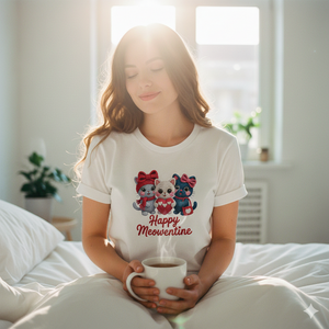 Frau in Premium Organic Baumwoll-Shirt mit Happy Meowentine Katzen-Motiv, lachend im hellen Tageslicht, authentisch