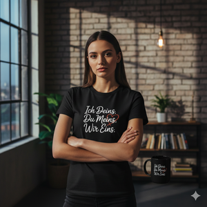 Weißes Bio-Baumwollshirt für Damen mit Wir Eins Aufdruck, weiche Stoffstruktur, sonniges Lifestyle-Motiv