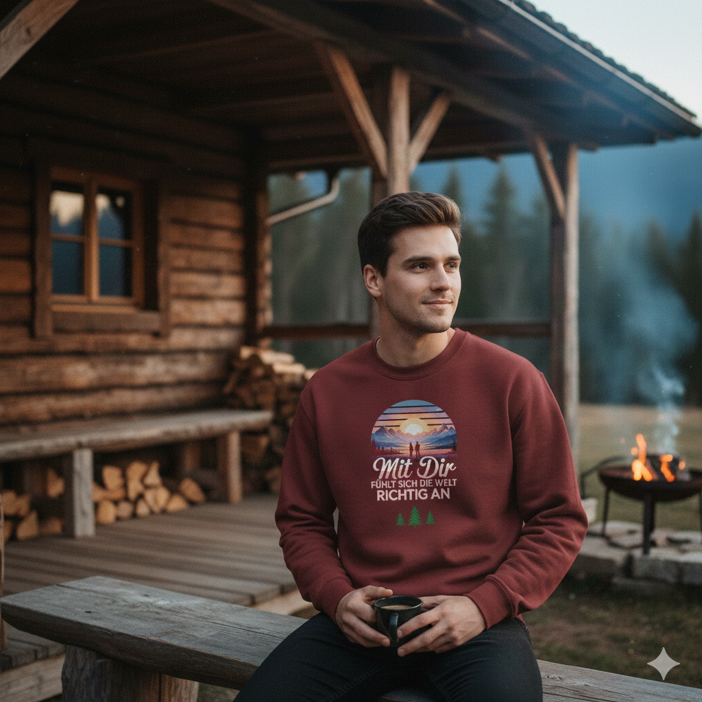 Weinrotes Organic Sweatshirt mit Berggrafik, Mann an rustikaler Hütte, warmes Feuerleuchten, Fokus auf Stofftextur.