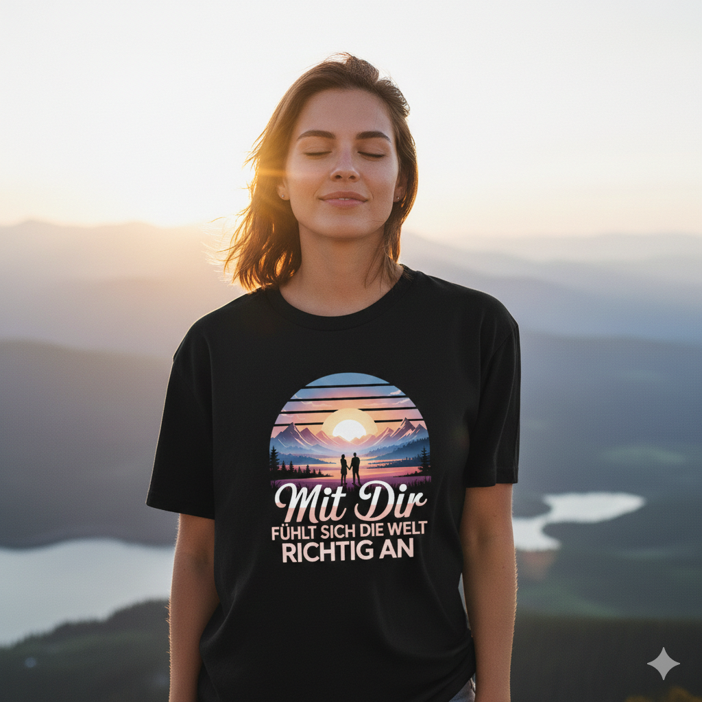 Frau im Oversized Shirt genießt Sonnenuntergang in Bergen, Fokus auf Design „Mit Dir fühlt sich die Welt richtig an“, warmes Licht.