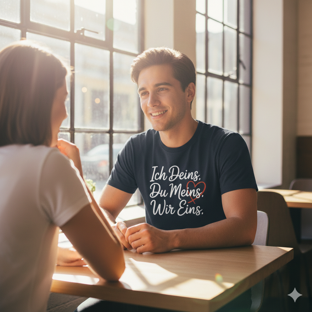 Dunkelblaues T-Shirt mit Wir Eins Print, Mann im sonnigen Café, hochwertige Baumwolle, emotionaler Lifestyle-Vibe.