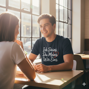 Dunkelblaues T-Shirt mit Wir Eins Print, Mann im sonnigen Café, hochwertige Baumwolle, emotionaler Lifestyle-Vibe.