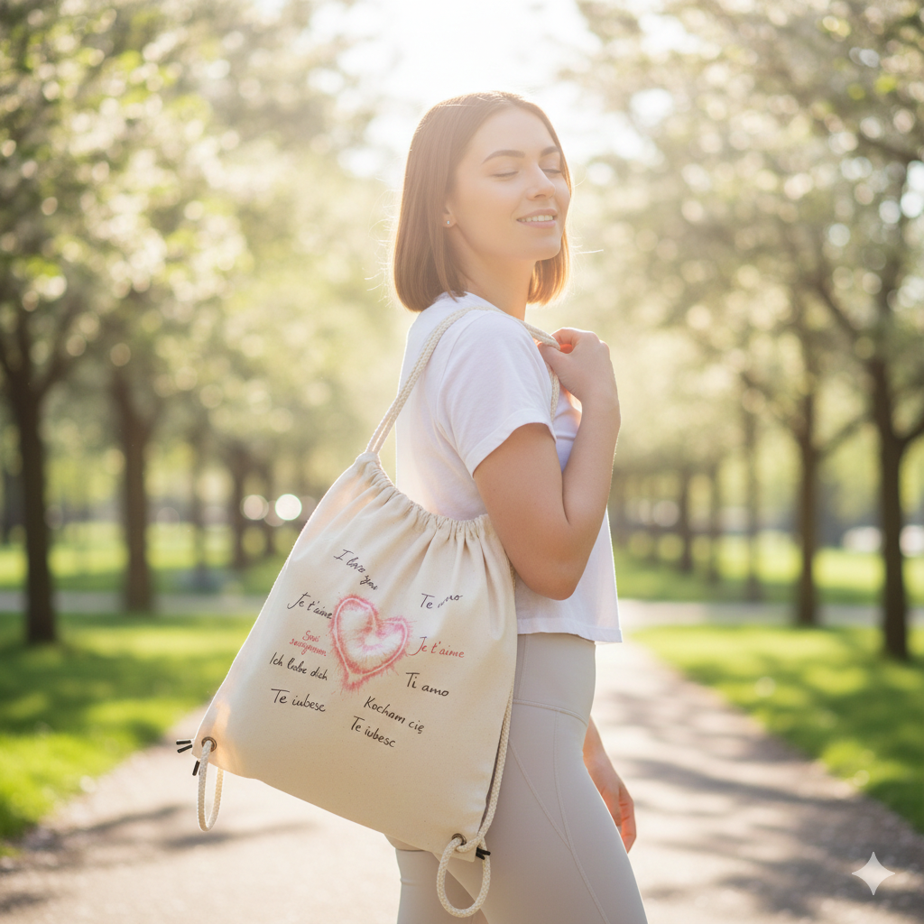 Creme-farbener Gym Bag mit Herz & "Ich liebe dich" in vielen Sprachen. Emotionaler Lifestyle-Vibe im sonnigen Park.
