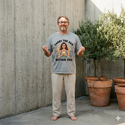 Ein geerdet, entspannter Mann meditiert friedlich barfuß auf einer Sichtbeton-Fläche und trägt das weite graue T-Shirt mit dem Sonnenmotiv.