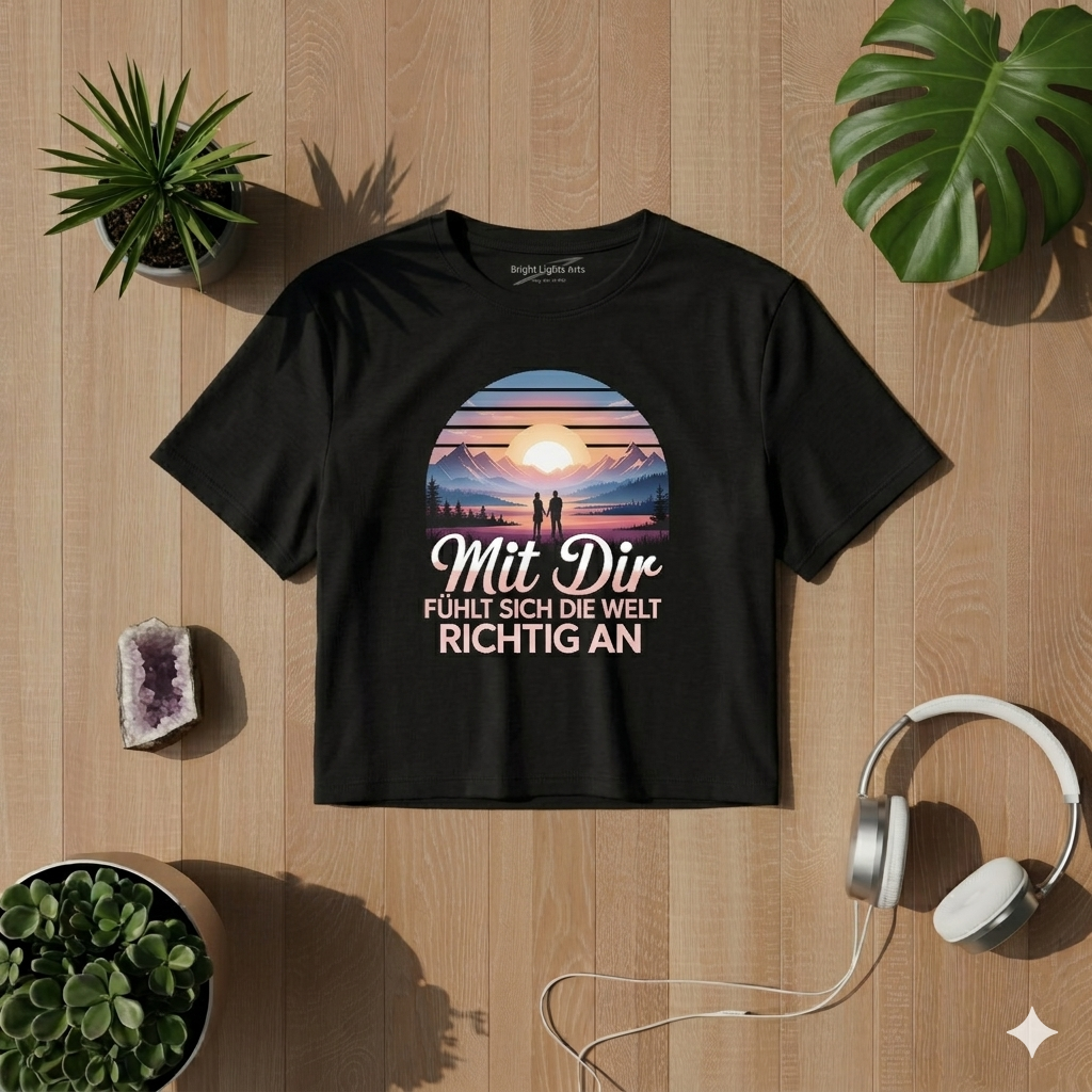 Draufsicht auf ein schwarzes oversized T-Shirt mit dem "Mit Dir fühlt sich die Welt richtig an" Design, umgeben von einem Amethyst-Kristall, weißen Kopfhörern, zwei Sukkulenten-Pflanzen und Monstera-Blättern auf einem hellen Holzhintergrund bei sonniger Lichtstimmung.