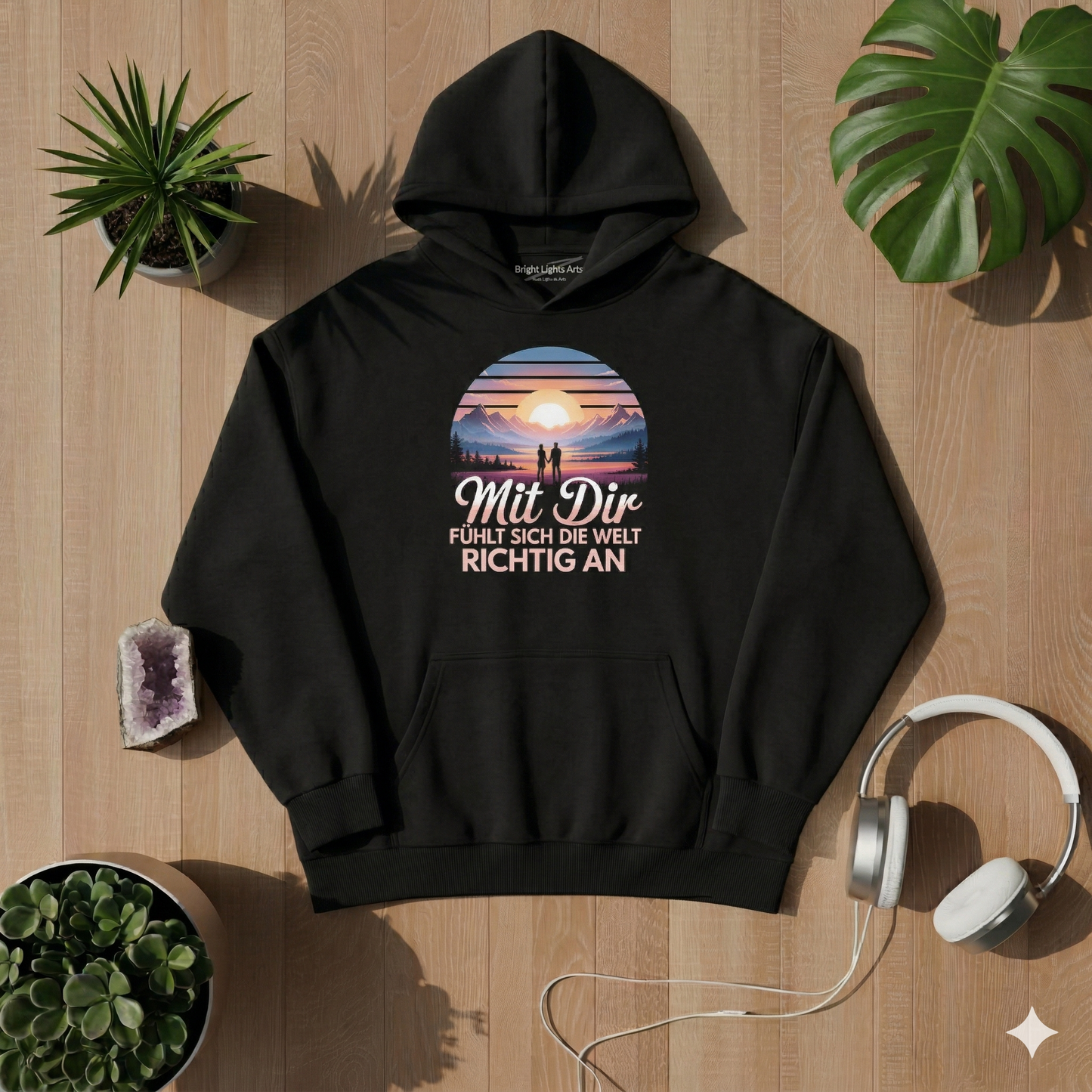 Draufsicht auf ein schwarzes oversized T-Shirt mit dem "Mit Dir fühlt sich die Welt richtig an" Design, umgeben von einem Amethyst-Kristall, weißen Kopfhörern, zwei Sukkulenten-Pflanzen und Monstera-Blättern auf einem hellen Holzhintergrund bei sonniger Lichtstimmung.