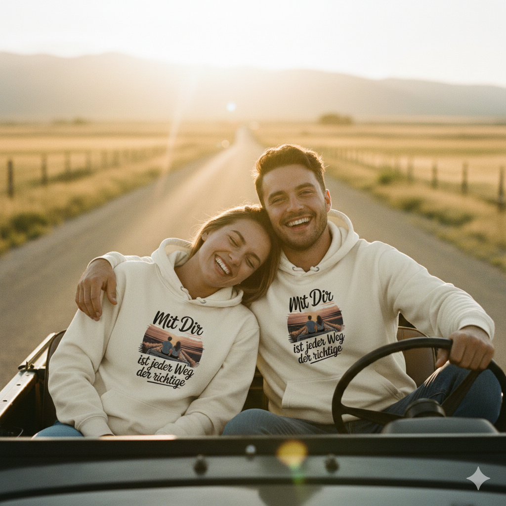 Paar im Cabrio bei Sonnenuntergang trägt Partner-Hoodies mit 'Mit Dir ist jeder Weg der richtige' Print, warme Roadtrip-Vibe