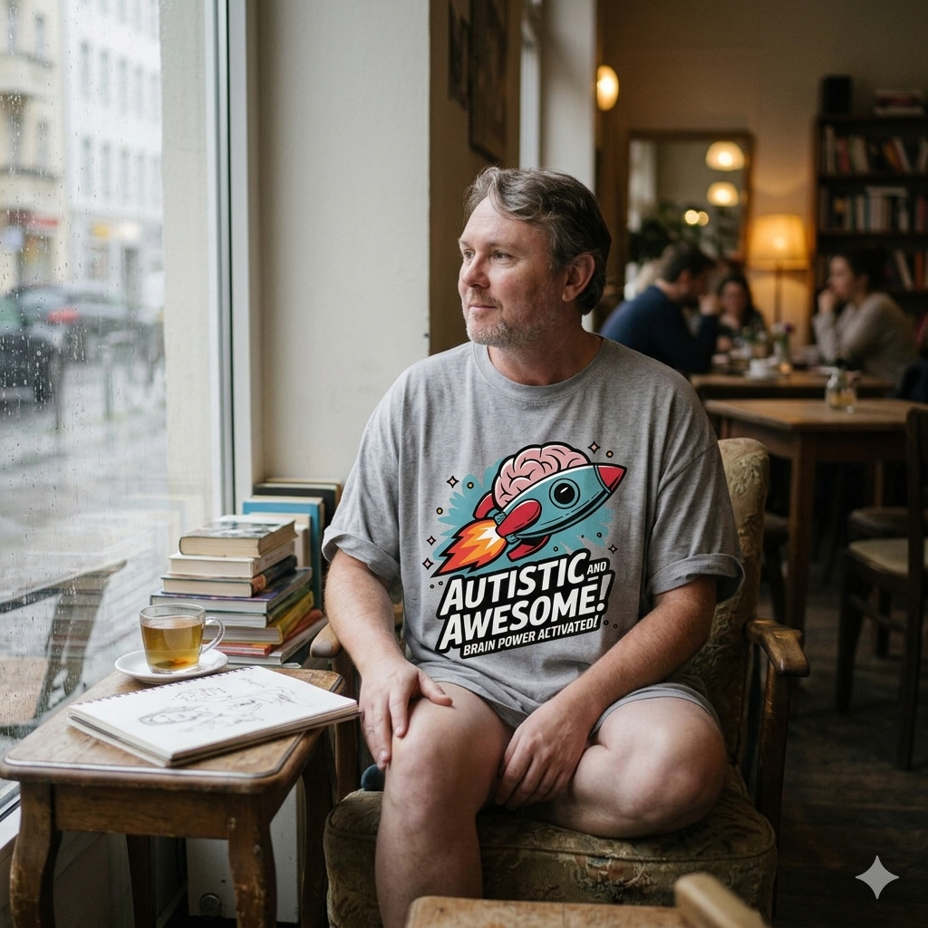 Model im Oversized Autistic and Awesome Rocket Shirt aus schwerer Baumwolle in entspannter Pose.