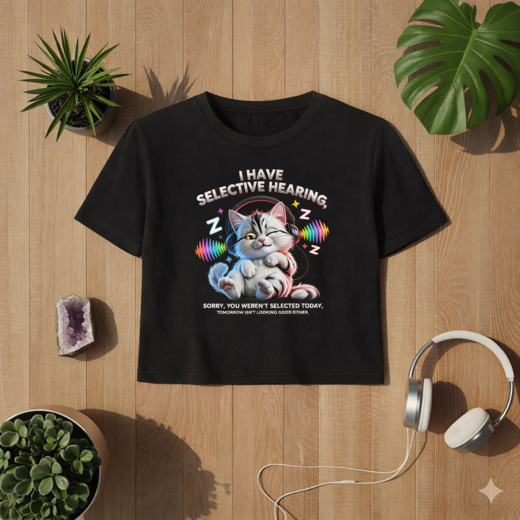 Schwarzes Ladies Cropped T-Shirt mit lustigem Katzen Motiv „Selective Hearing“ – Katze mit Kopfhörern und bunten Soundwellen, kurzer Schnitt, flach liegendes Mockup auf Holz Hintergrund mit Pflanzen und Kopfhörern