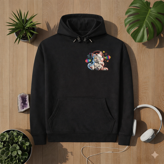 Schwarzer Hoodie mit lustigem Katzenmotiv „Selective Hearing“ und Kopfhörern im Bright Lights Arts Lifestyle Mockup auf Holzoberfläche mit Pflanzen und Kopfhörern