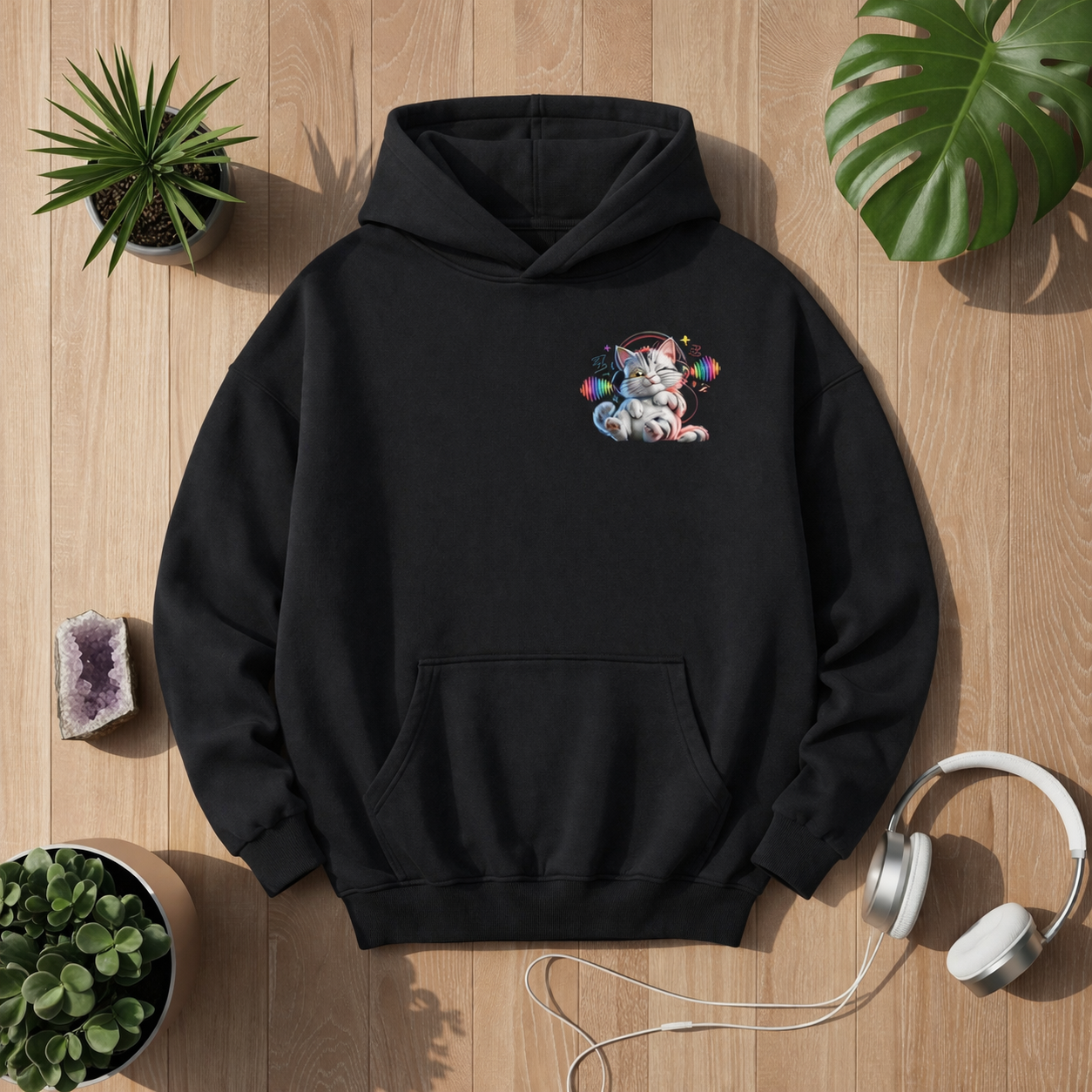 Schwarzer Hoodie mit kleinem Katzenmotiv „Selective Hearing“ auf der Brust im Bright Lights Arts Lifestyle Mockup auf Holzoberfläche mit Pflanzen und Kopfhörern