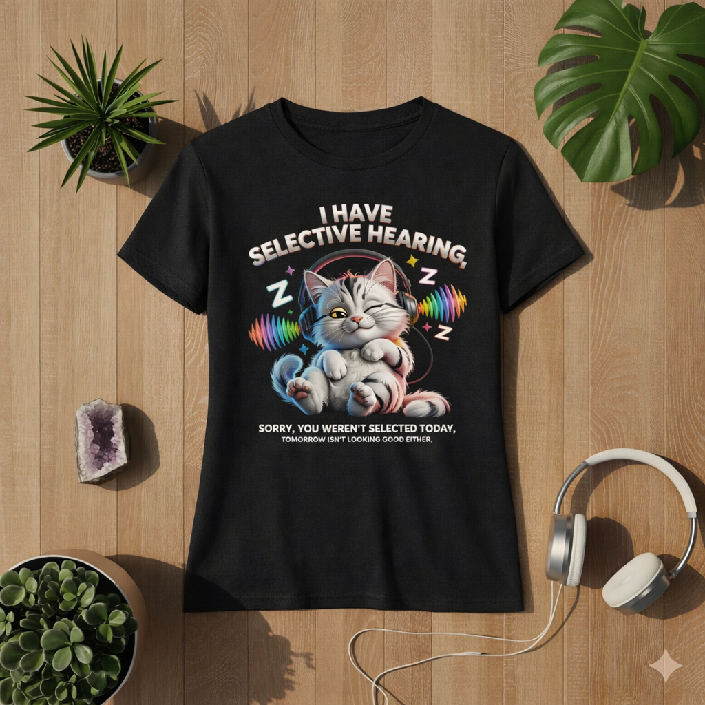 Schwarzes Premium Organic Damen T-Shirt mit lustigem Katzen Motiv „Selective Hearing“ – Katze mit Kopfhörern und bunten Soundwellen, taillierter Schnitt, flach liegendes Mockup auf Holz Hintergrund mit Pflanzen und Kopfhörern
