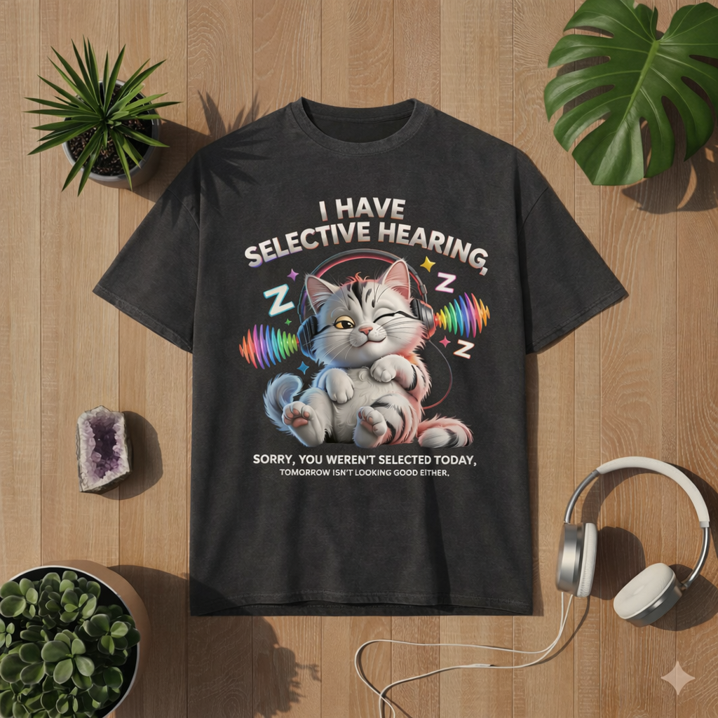 Oversized T-Shirt in dunkler Farbe mit lustigem Katzenmotiv „Selective Hearing“ und Kopfhörern im Bright Lights Arts Lifestyle Mockup auf Holzoberfläche mit Pflanzen und Kopfhörern