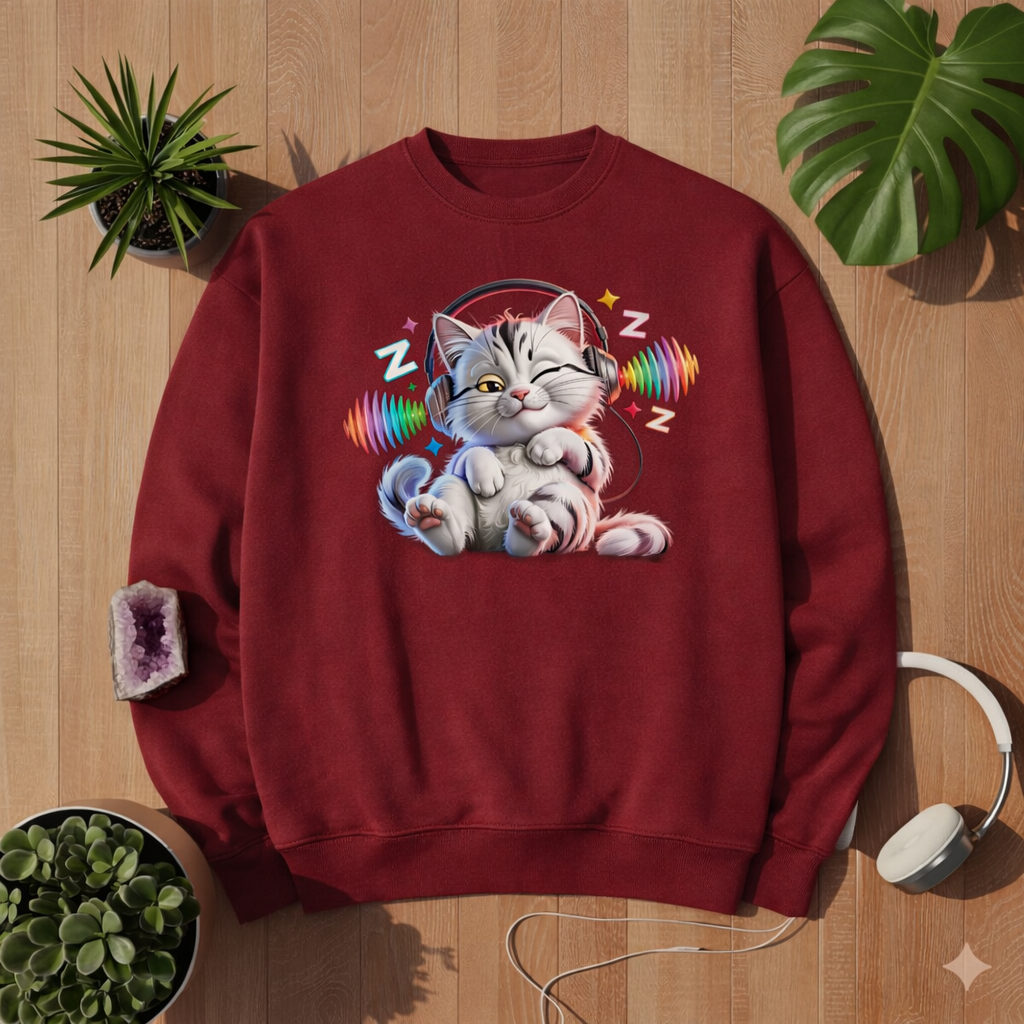 Burgundy Premium Sweatshirt mit lustigem Katzen Motiv „Selective Hearing“ – niedliche Katze mit Kopfhörern und bunten Soundwellen, flach liegendes Mockup auf Holz Hintergrund mit Pflanzen und Kopfhörern