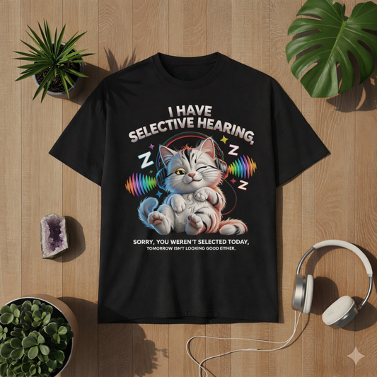 Schwarzes T-Shirt mit lustigem „Selective Hearing“ Katzenmotiv mit Kopfhörern im Lifestyle Mockup auf Holzuntergrund mit Pflanzen und Kopfhörern
