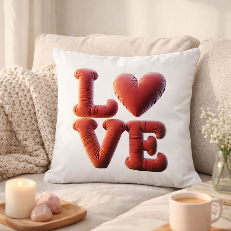 Dekokissen mit 3D-Ballon-Schriftzug „LOVE“ und Herzsymbol in warmem Rot – romantisches Wohnaccessoire für Liebe, Achtsamkeit und gemütliches Zuhause – Bright Light Arts