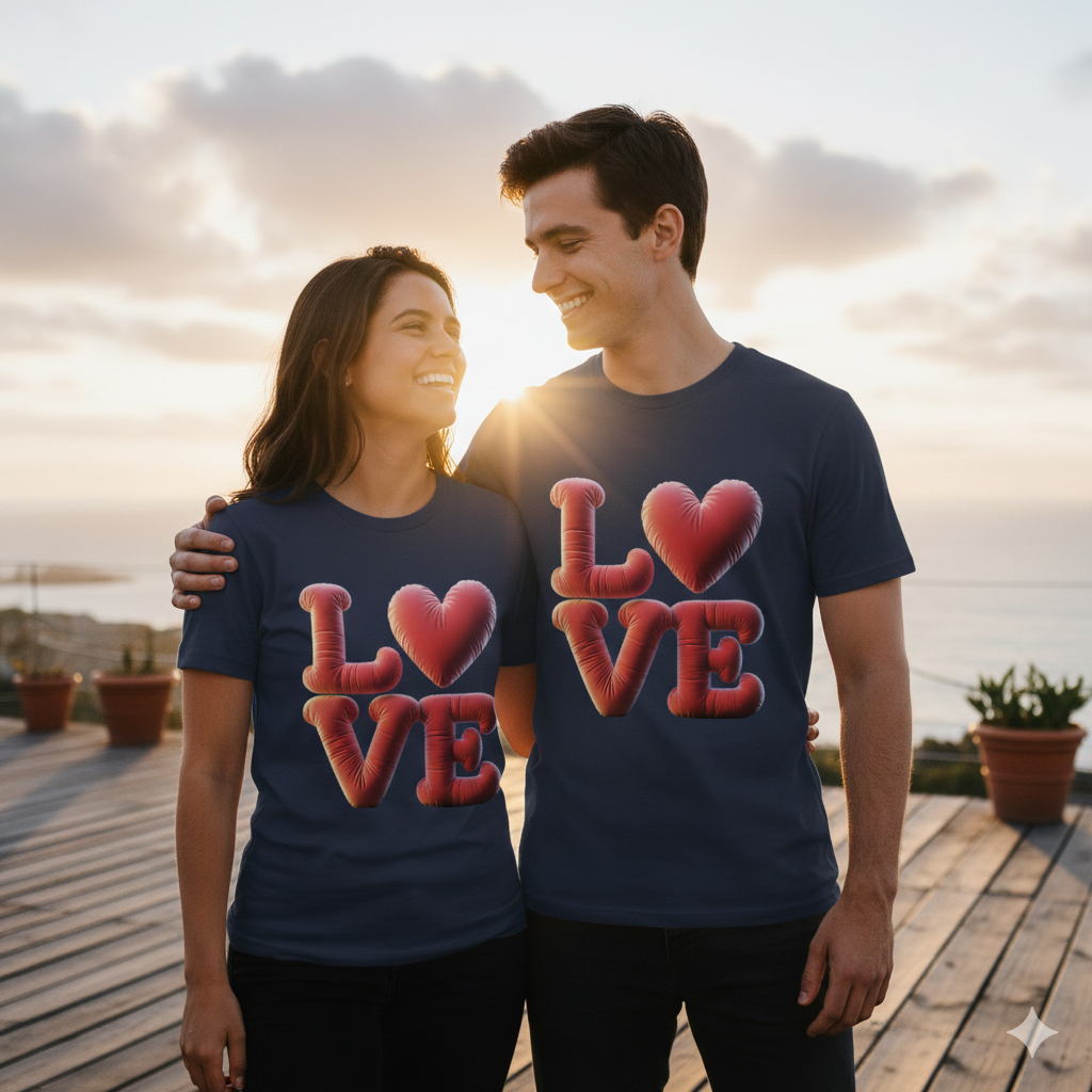 Liebespaar trägt navyPremium T-Shirt mit rotem 3D-Ballon LOVE Motiv – emotionales Bright Light Arts Mockup für Damen und Herren