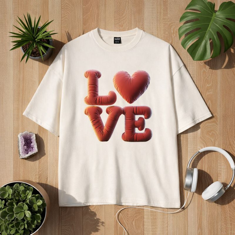 Oversized Bio-Baumwoll-Shirt von Bright Light Arts mit Soft Love 3D-Ballon Herz Design in warmen Rottönen, modernes Lifestyle-Mockup auf hellem Holzuntergrund
