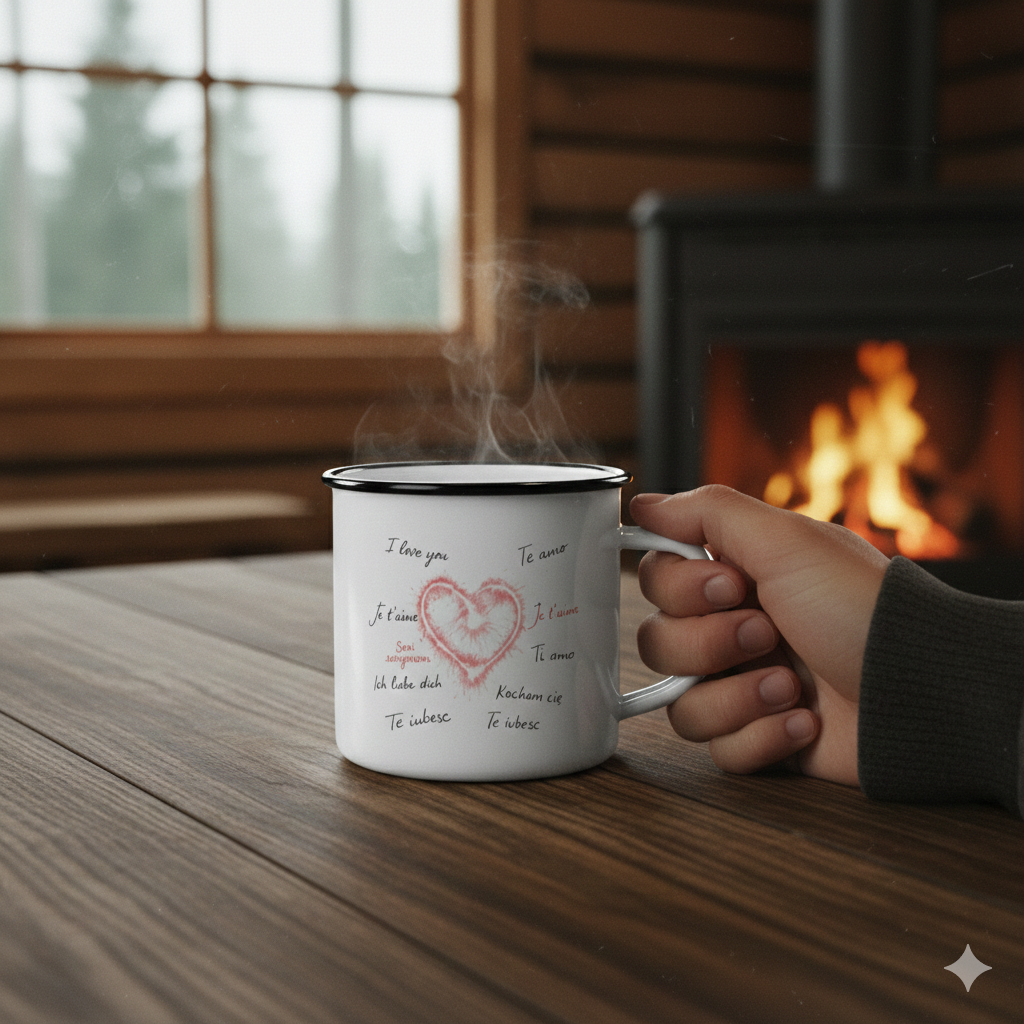 Emaille-Tasse Sprachen der Liebe mit Herz-Design am Kamin, rustikaler, gemütlicher Lifestyle-Vibe.
