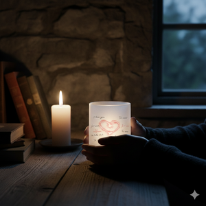 Satinierte Glastasse Sprachen der Liebe mit Herz-Design in sonnigem Café, warmes Licht, emotionaler Lifestyle-Moment