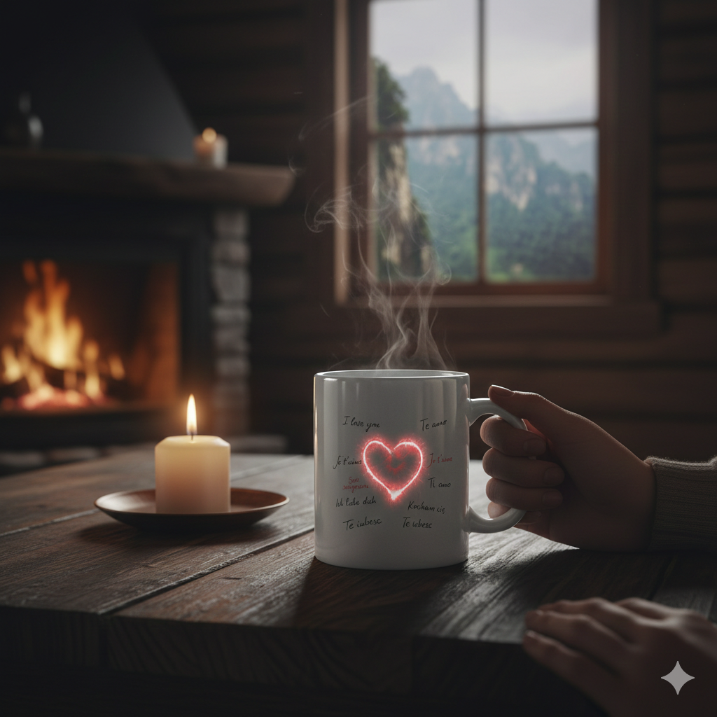 Weiße Keramiktasse Sprachen der Liebe mit Herz-Motiv, gehalten in hellem Morgenlicht, emotionaler Lifestyle.