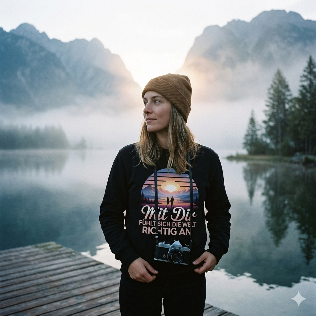 Frau im Sweatshirt mit „Mit Dir Welt am See“-Print blickt dankbar über nebligen Bergsee.