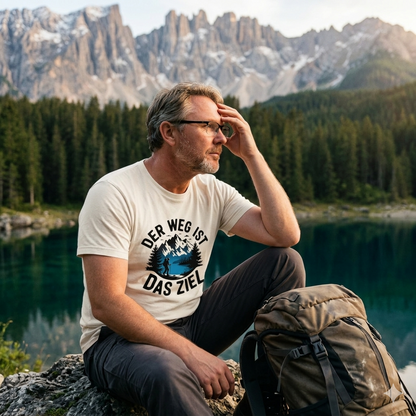 Ein bärtiger Mann mit Rucksack am Bergsee. Sein T-Shirt hat ein Wandermotiv.
Bild-Caption: Manchmal ist die Ankunft nur der Anfang einer neuen Reise. ❤🏔