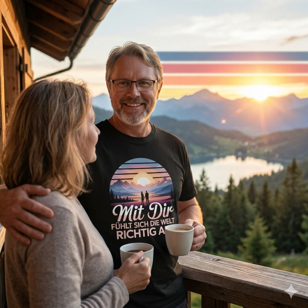 Ein Mann in einem schwarzen "Mit Dir"-T-Shirt lächelt seine Partnerin auf einer Bergterrasse an