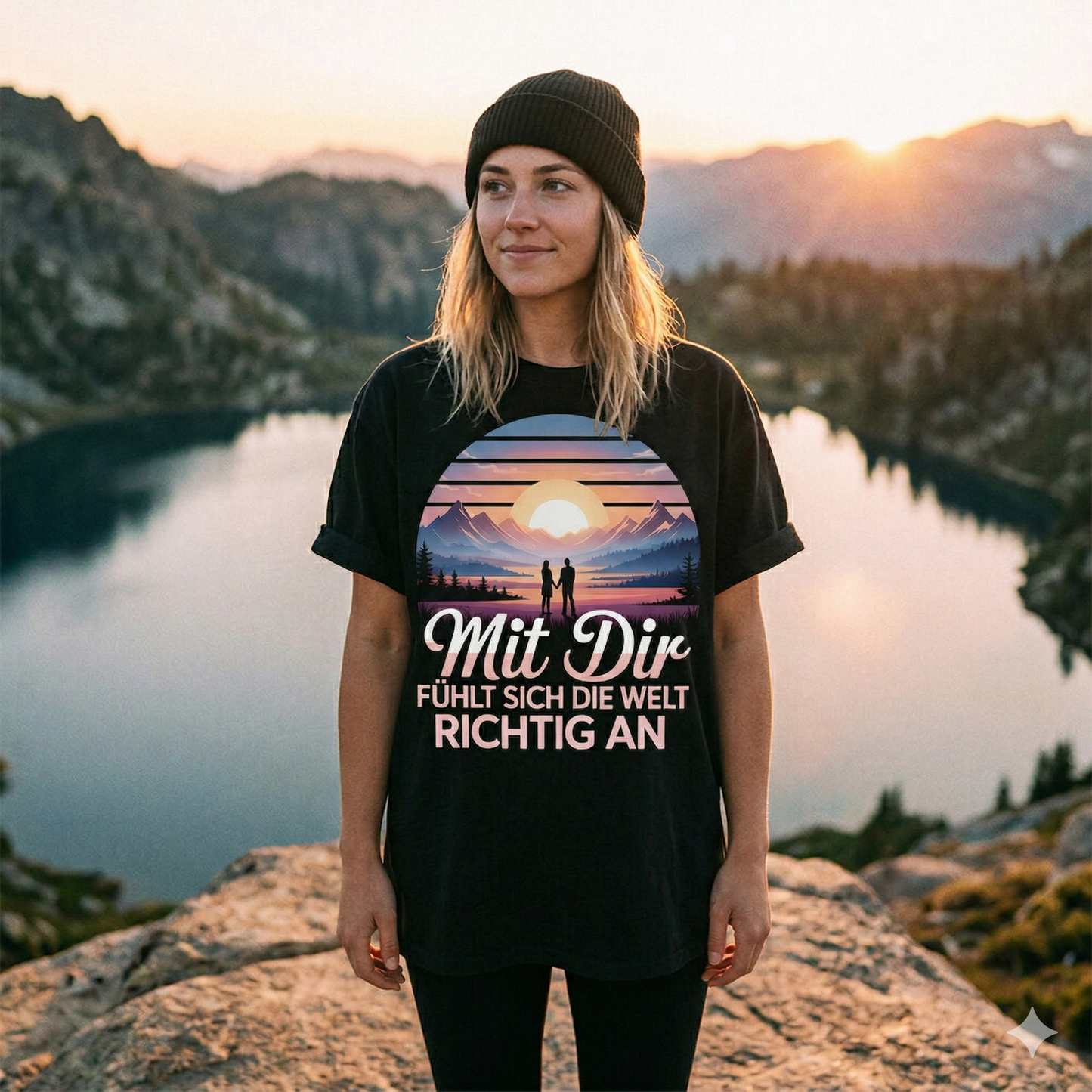 Frontansicht einer Frau im Oversized-T-Shirt mit dem Aufdruck „Mit Dir FÜHLT SICH DIE WELT RICHTIG AN“ an einem Bergsee