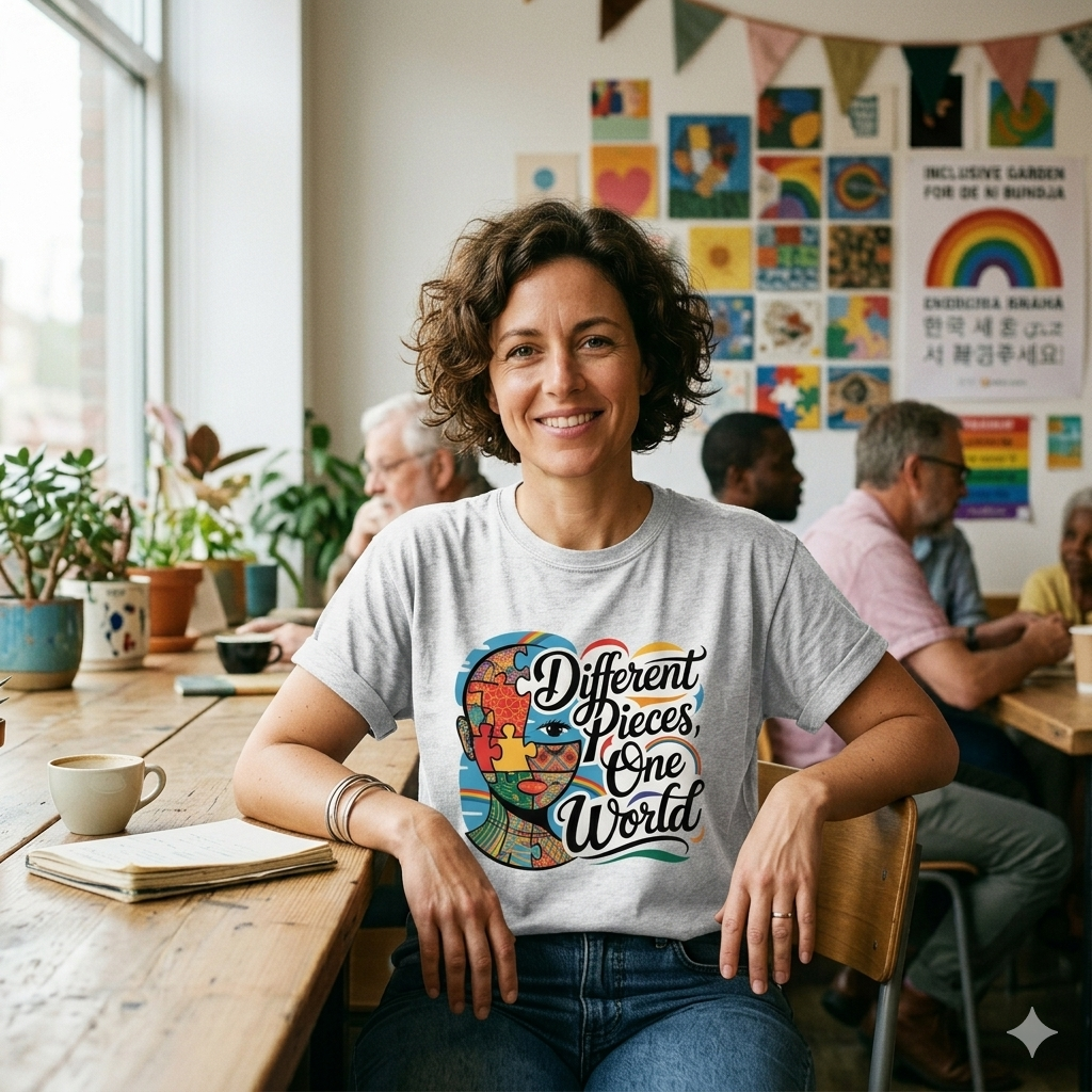 Frau in grauem T-Shirt mit 'Different Pieces, One World' Print lächelt authentisch.
Bild-Caption: Jedes Teil zählt – trage deine Vielfalt stolz. 🧩❤️