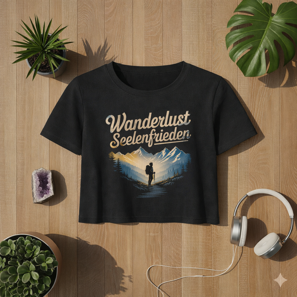 Schwarzes Damen Cropped T-Shirt mit Wanderlust Seelenfrieden Bergmotiv im Bright Lights Arts Mockup auf Holz Hintergrund mit Pflanzen und Kopfhörern
