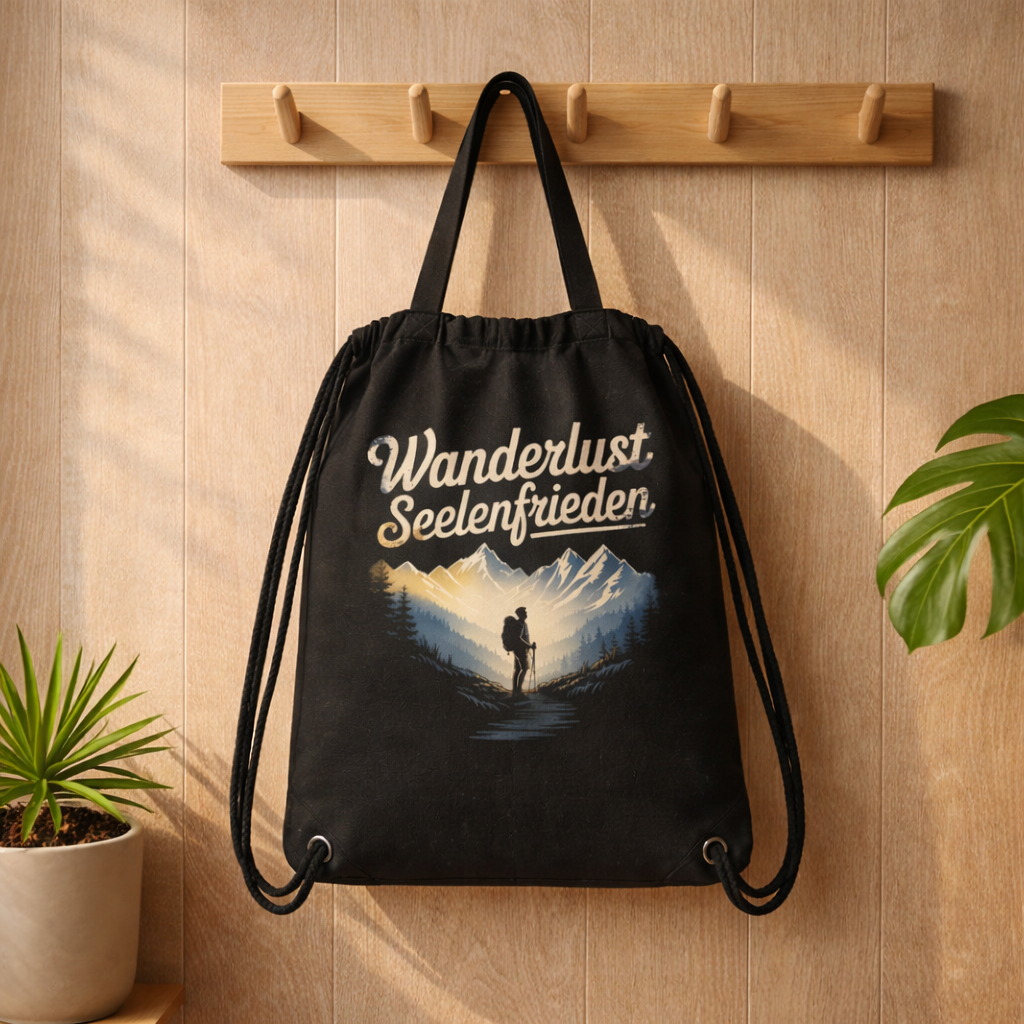 Schwarzer Gym Bag Turnbeutel mit Wanderlust Seelenfrieden Design an Holz Garderobe im natürlichen Lifestyle Mockup mit Pflanzen und warmem Licht