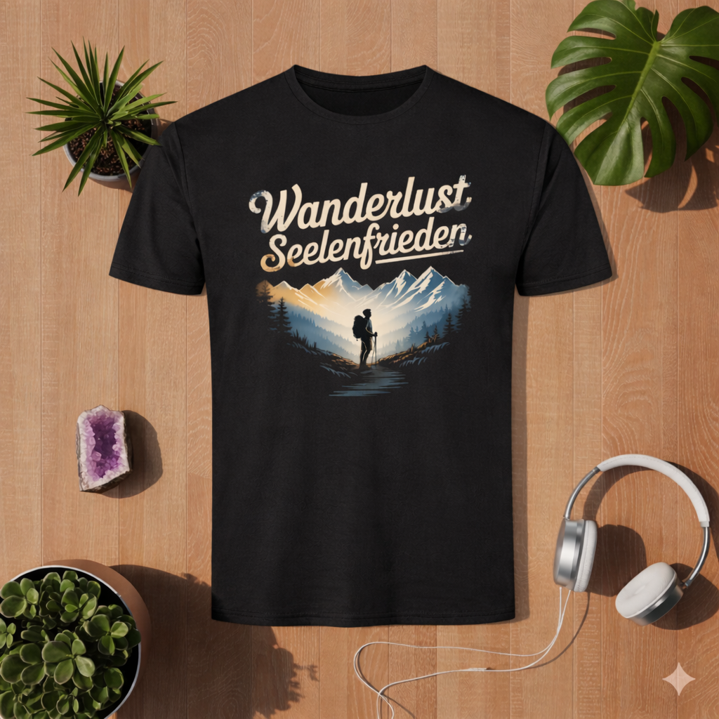 Schwarzes Herren Sport T-Shirt mit Wanderlust Seelenfrieden Design im Bright Lights Arts Mockup auf Holz Hintergrund mit Pflanzen und Kopfhörern