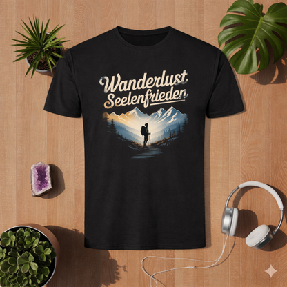 Schwarzes Herren Sport T-Shirt mit Wanderlust Seelenfrieden Design im Bright Lights Arts Mockup auf Holz Hintergrund mit Pflanzen und Kopfhörern