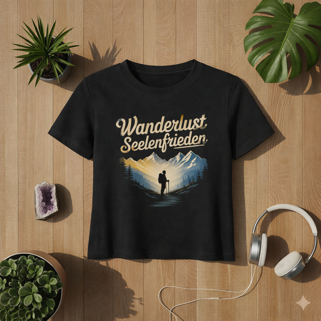 Schwarzes Premium Organic Damen T-Shirt mit Wanderlust Seelenfrieden Bergmotiv im Bright Lights Arts Mockup auf Holz Hintergrund mit Pflanzen und Kopfhörern