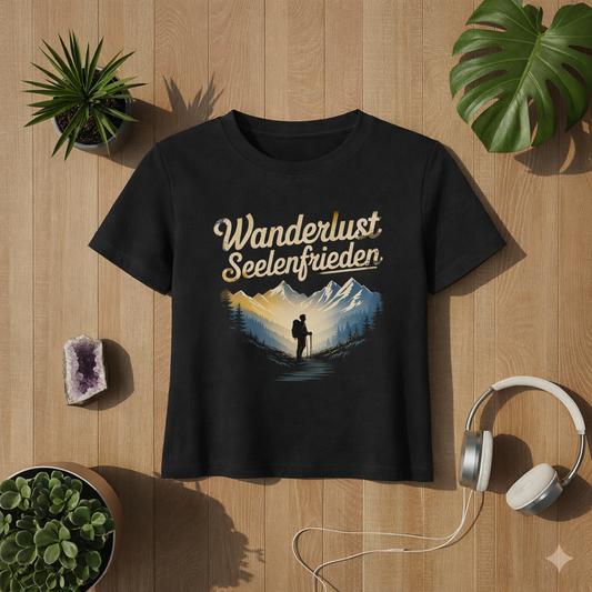 Schwarzes Premium Organic Damen T-Shirt mit Wanderlust Seelenfrieden Bergmotiv im Bright Lights Arts Mockup auf Holz Hintergrund mit Pflanzen und Kopfhörern