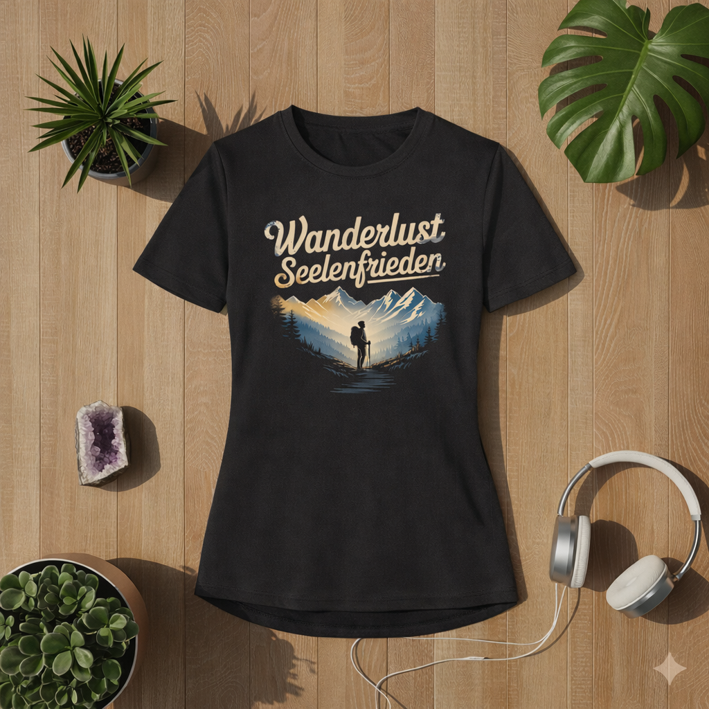 Schwarzes Damen Sport T-Shirt mit Wanderlust Seelenfrieden Design im Bright Lights Arts Mockup auf Holz Hintergrund mit Pflanzen und Kopfhörern