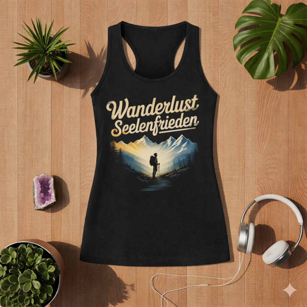 Schwarzes Women Tank Top mit Wanderlust Seelenfrieden Design auf Holz Hintergrund im Bright Lights Arts Lifestyle Mockup mit Pflanzen und Kopfhörern